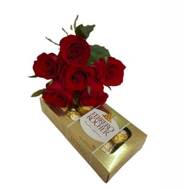 Buquê Com 6 Rosas Vermelhas e Um Ferrero Rocher  Com 8Unid - Amor e Delícias
