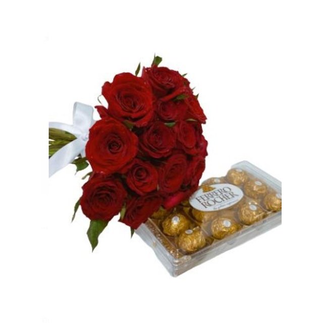 Buquê Com 20 Rosas Vermelhas e Um Ferrero Rocher Com 12Unid - Amor e Chocolate