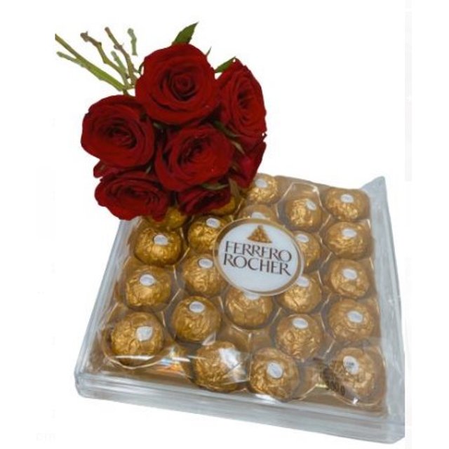 Buquê Com 7 Rosas Vermelhas e Um Ferrero Rocher Com 24Unid - Luxo Floral e Chocolate