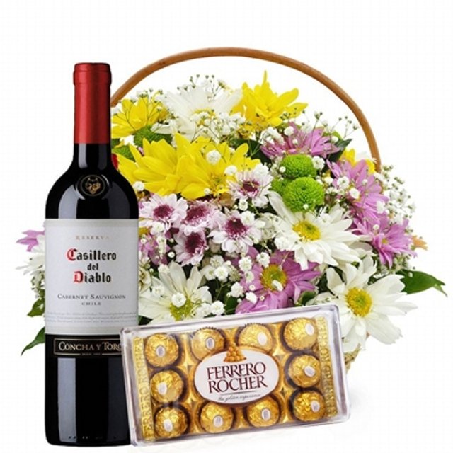 Cesta de Flores do Campo com Vinho e Ferrero Rocher - Presente Floral com Toque de Luxo