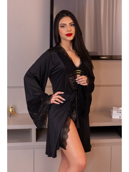 Robe Lingerie Noite em Tule e Renda com Manga Flare Sensual