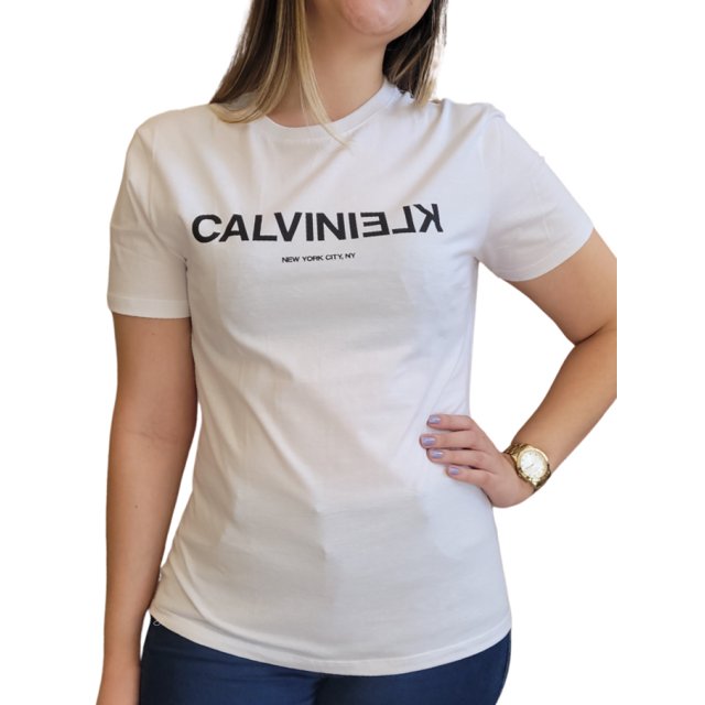 Camiseta Calvin Klein Slim Logo Faixa Feminina - Preto