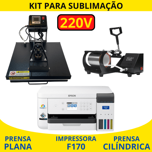 Kit empreendedor - Prensa 38x38 + Prensa Cilíndrica + Impressora Sublimática F170 - VOLTAGEM 220V