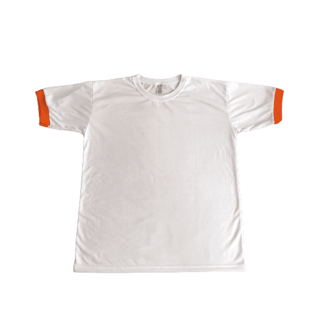 Camiseta Poliéster Branca c/ detalhe na manga laranja - LINHA PREMIUM