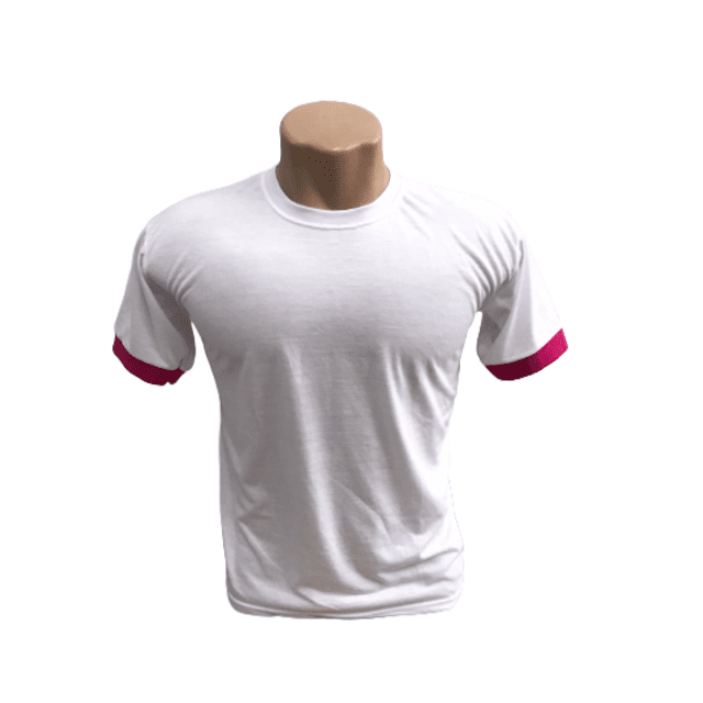 Camiseta Poliéster Branca c/ detalhe na manga rosa - LINHA PREMIUM