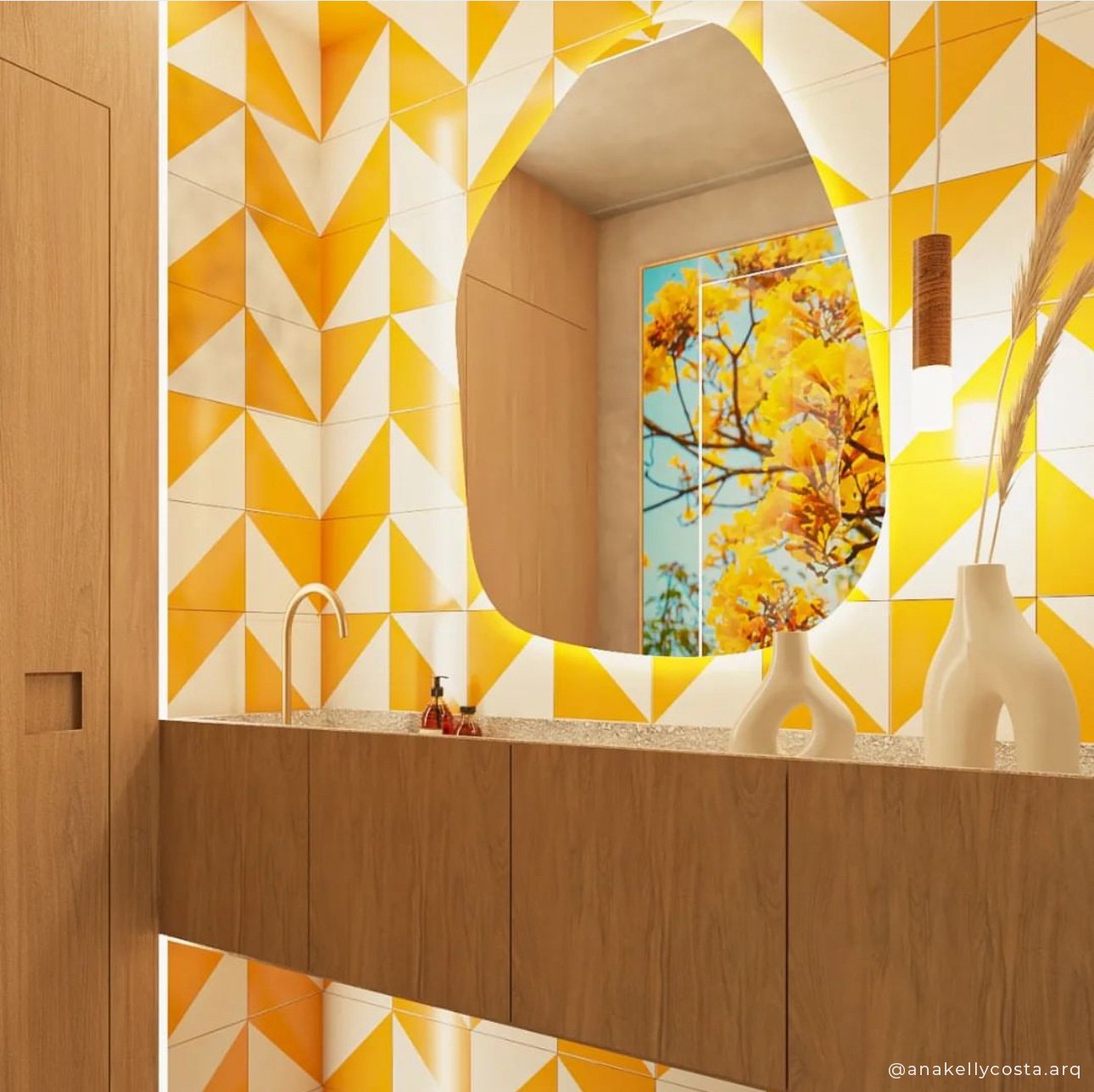 Lavabo moderno com parede de azulejos amarelos decorados
