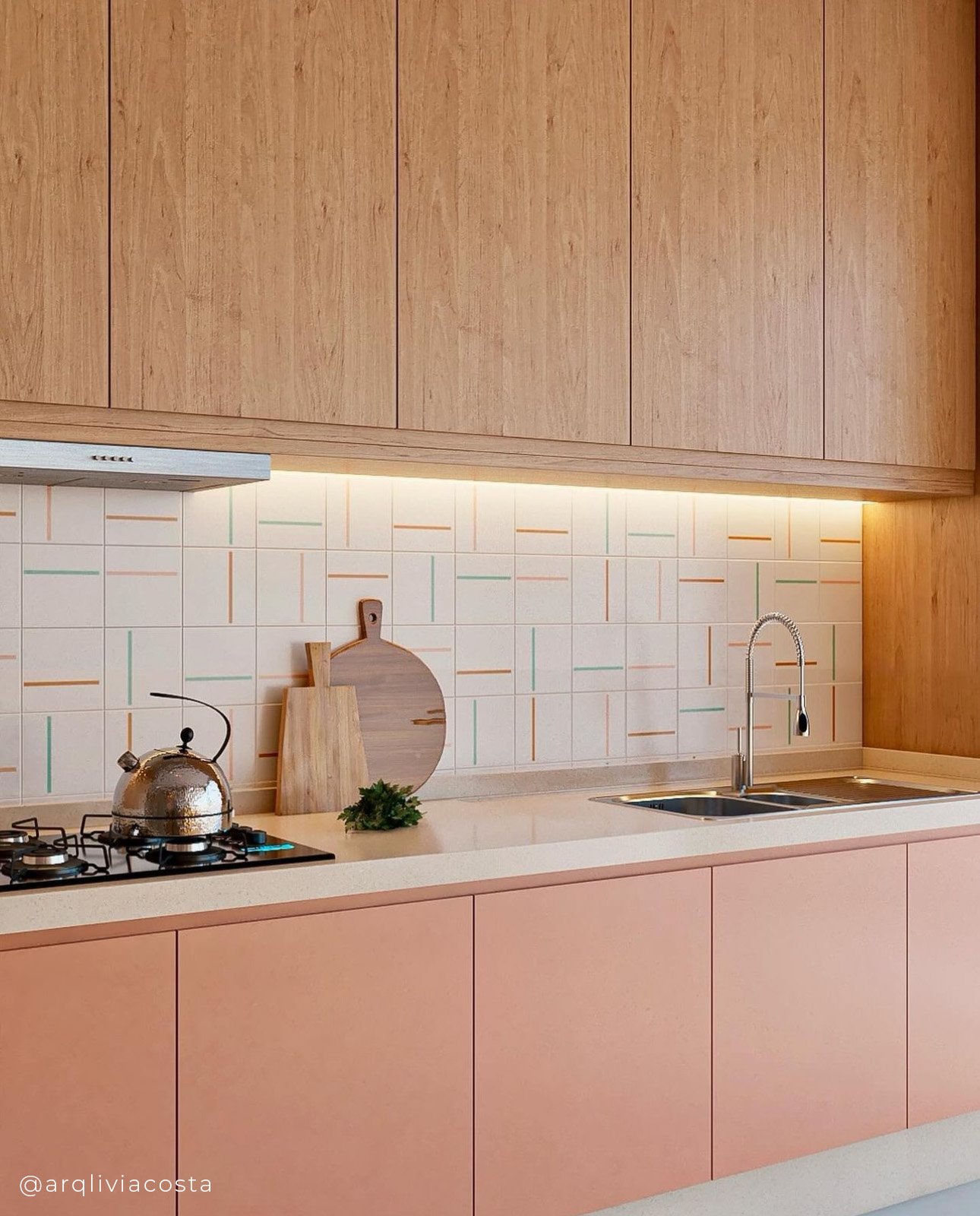 Detalhe de azulejo com tons ocre, nude e verde menta na lavanderia