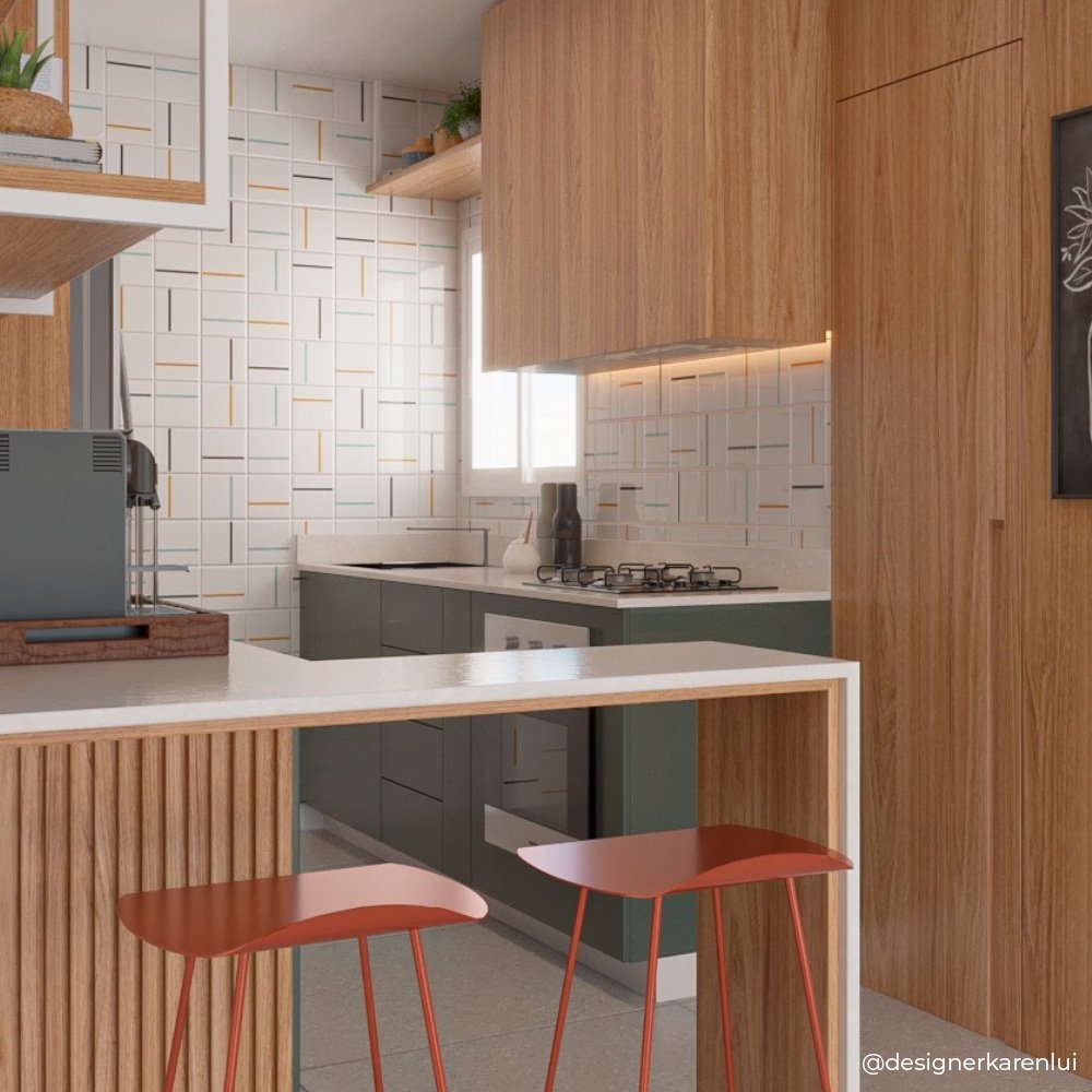 Painel de azulejos compondo parede em cozinha com ripa de madeira TAI