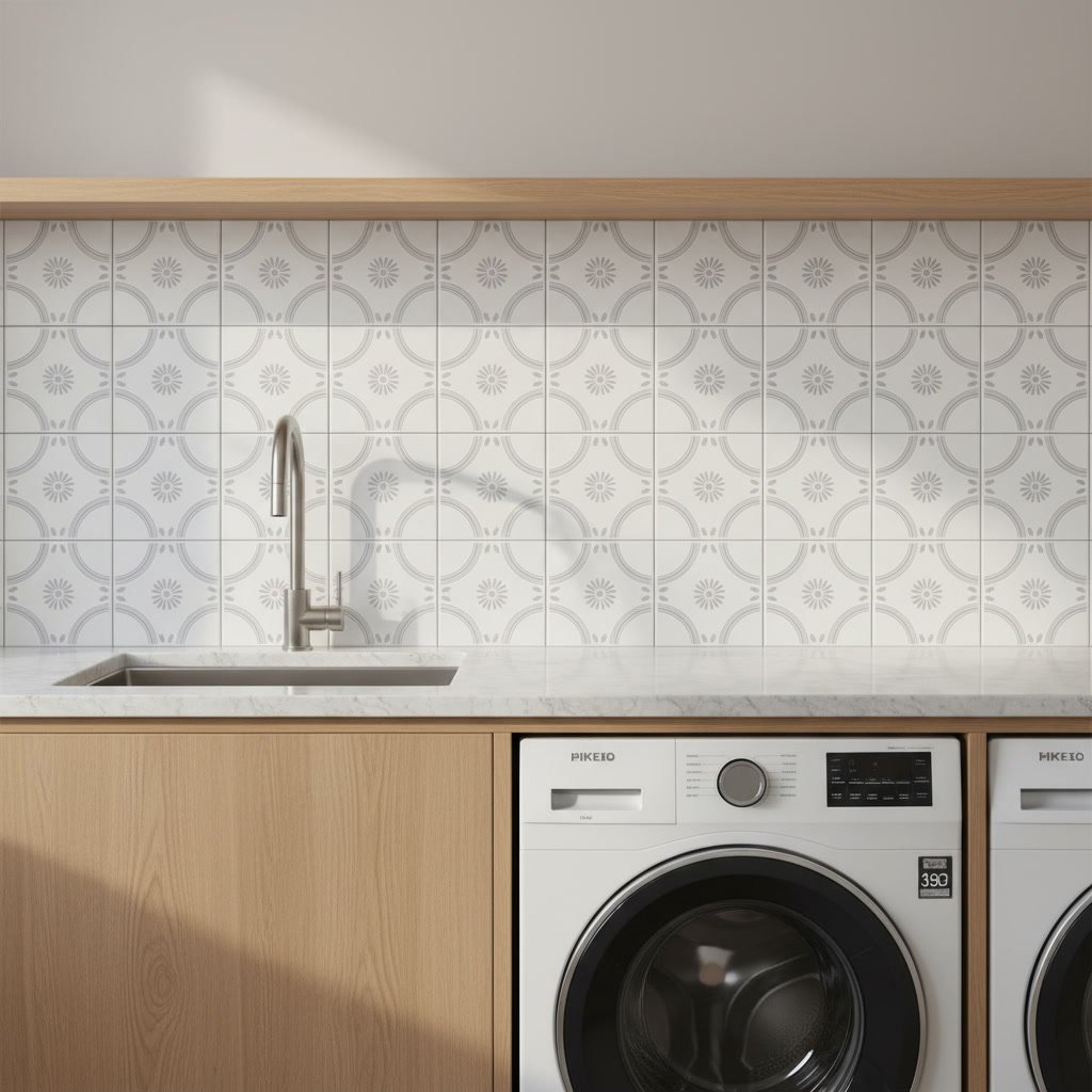 Lavanderia integrada com azulejos decorados TAI