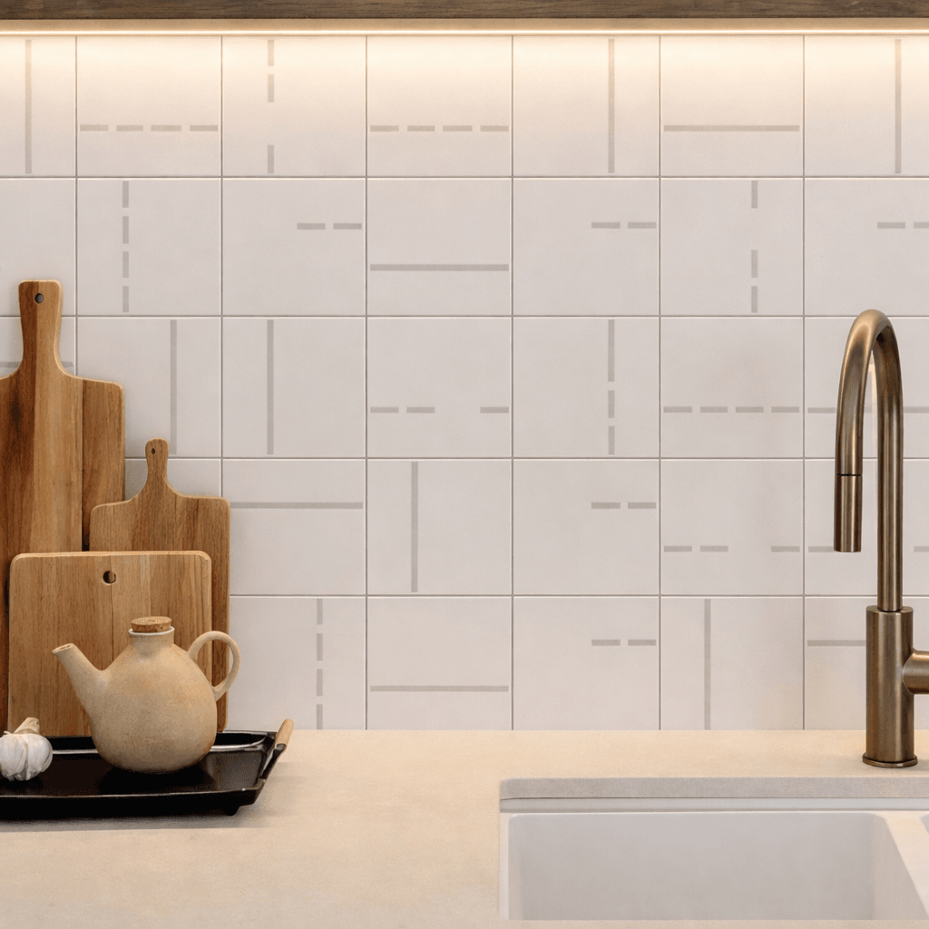 Decor Lines 2 Cinza em cozinha — TAI Azulejos
