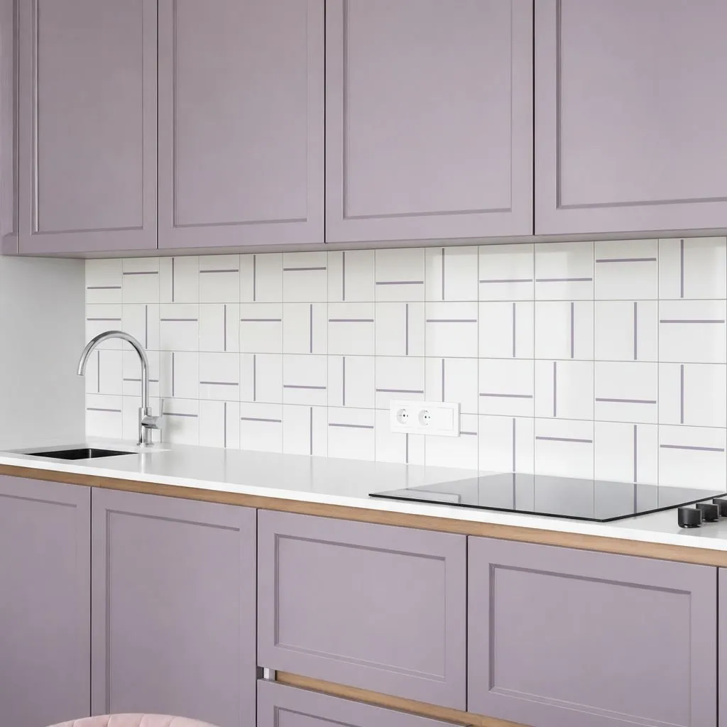 Cozinha com armários lilás e parede em Decor Lines Lilás