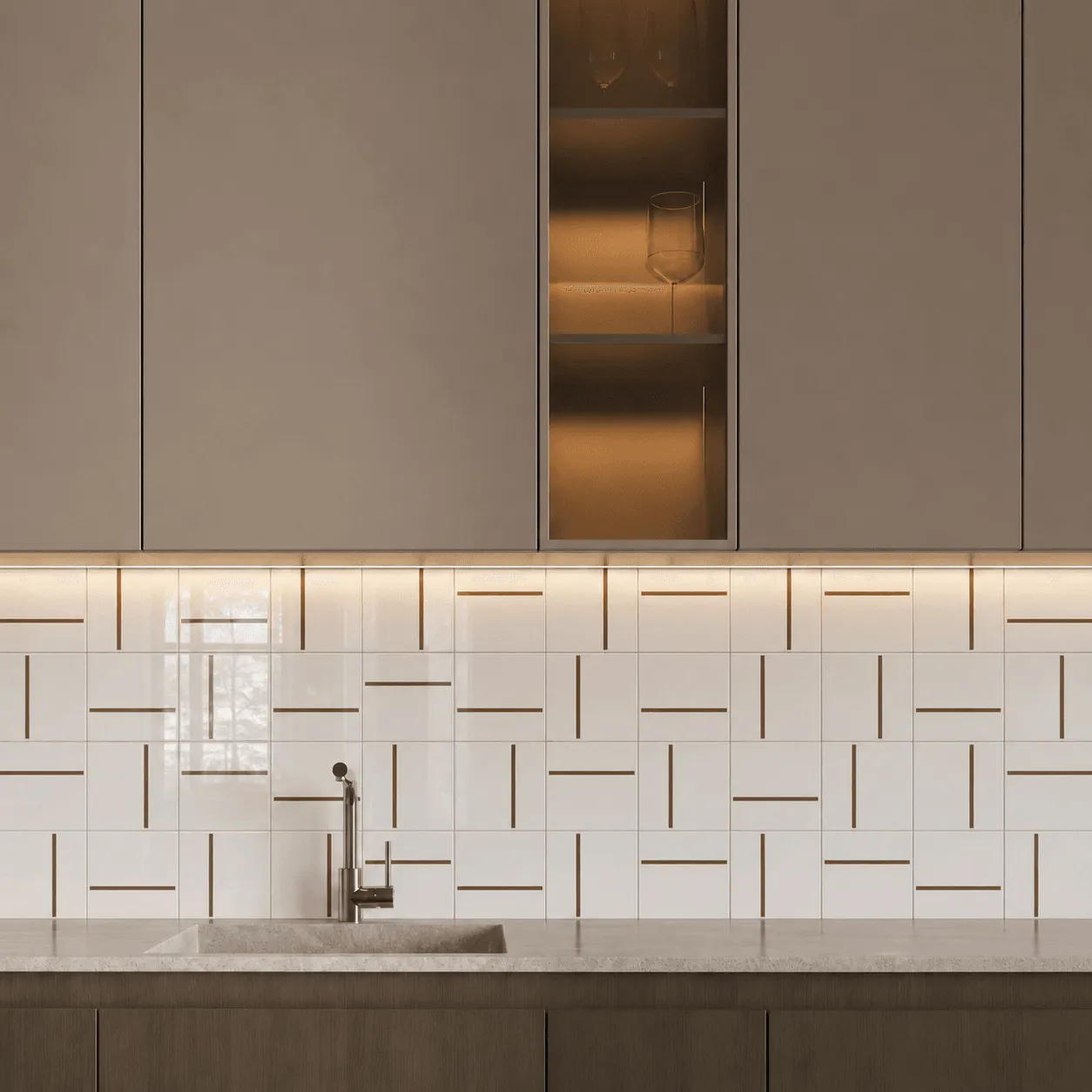 Cozinha com armários marrons e parede em Decor Lines Marrom