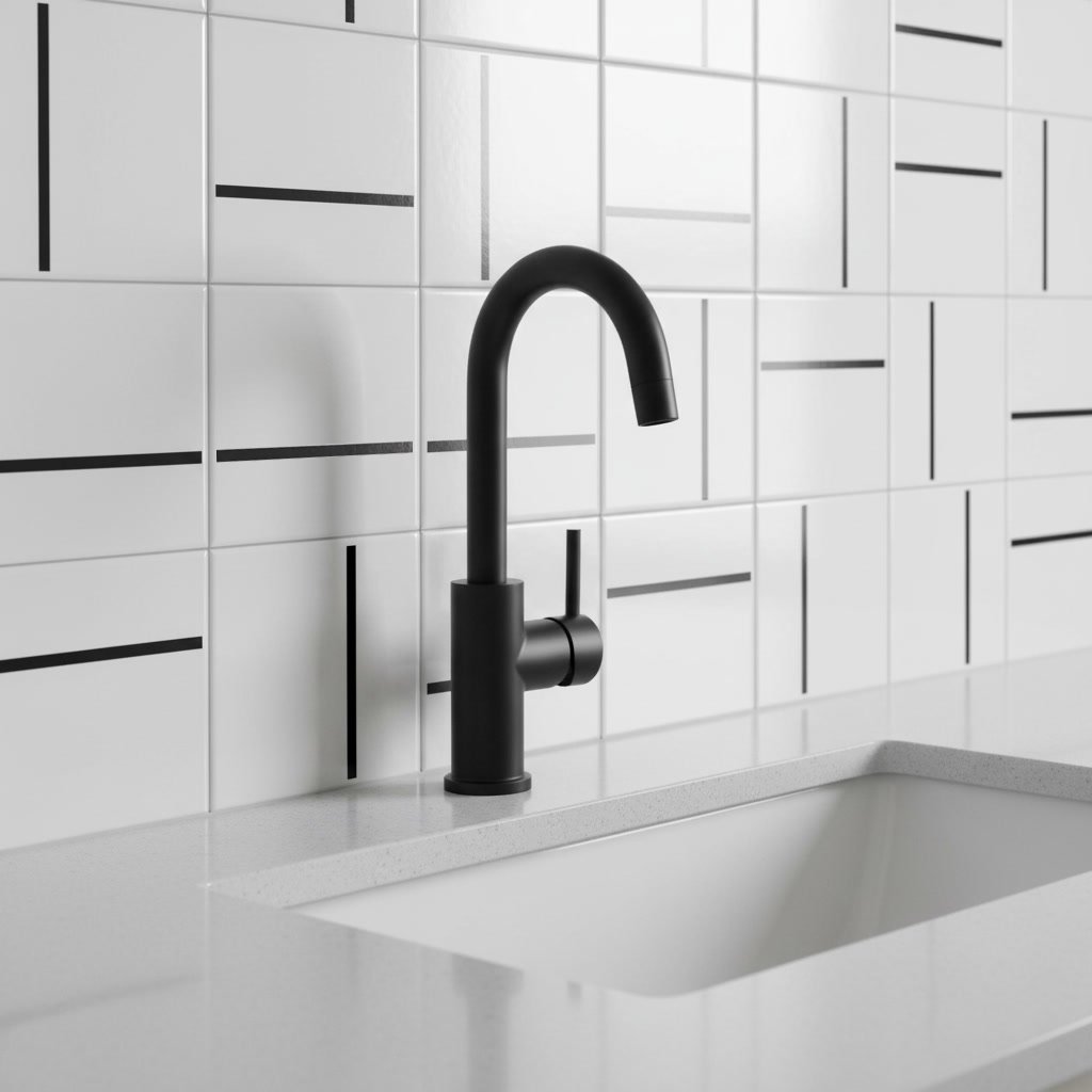 Decor Lines Traço Preto em parede de ambiente compacto — TAI Azulejos