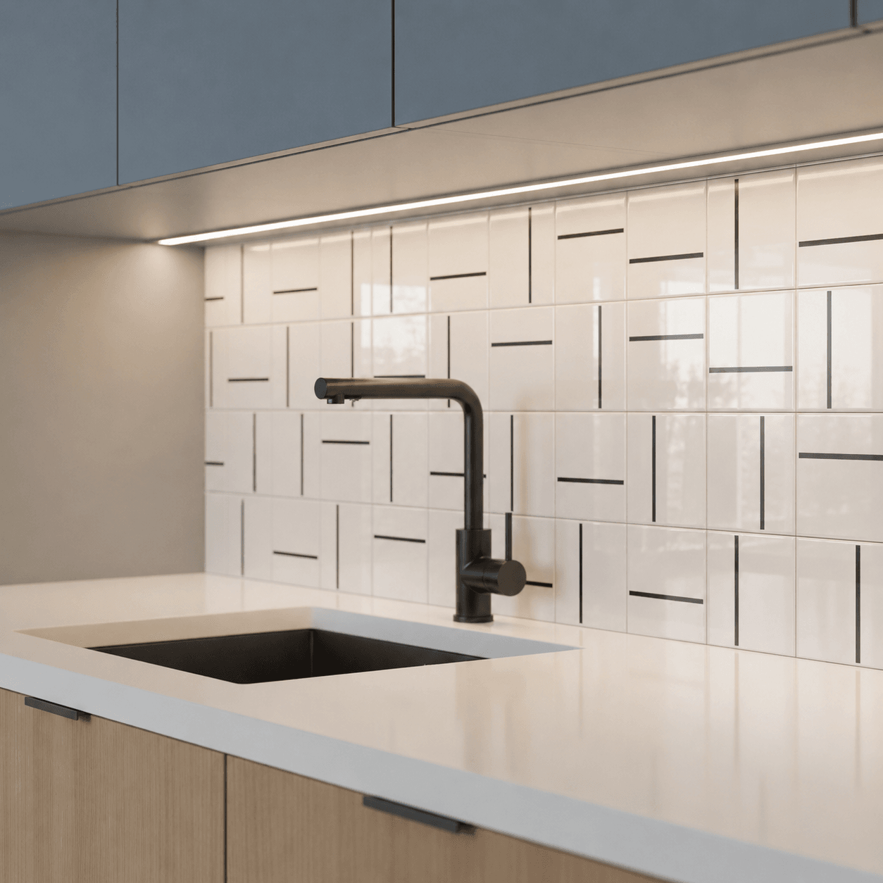 Azulejo Decor Lines Traço Preto em cozinha clara — TAI Azulejos