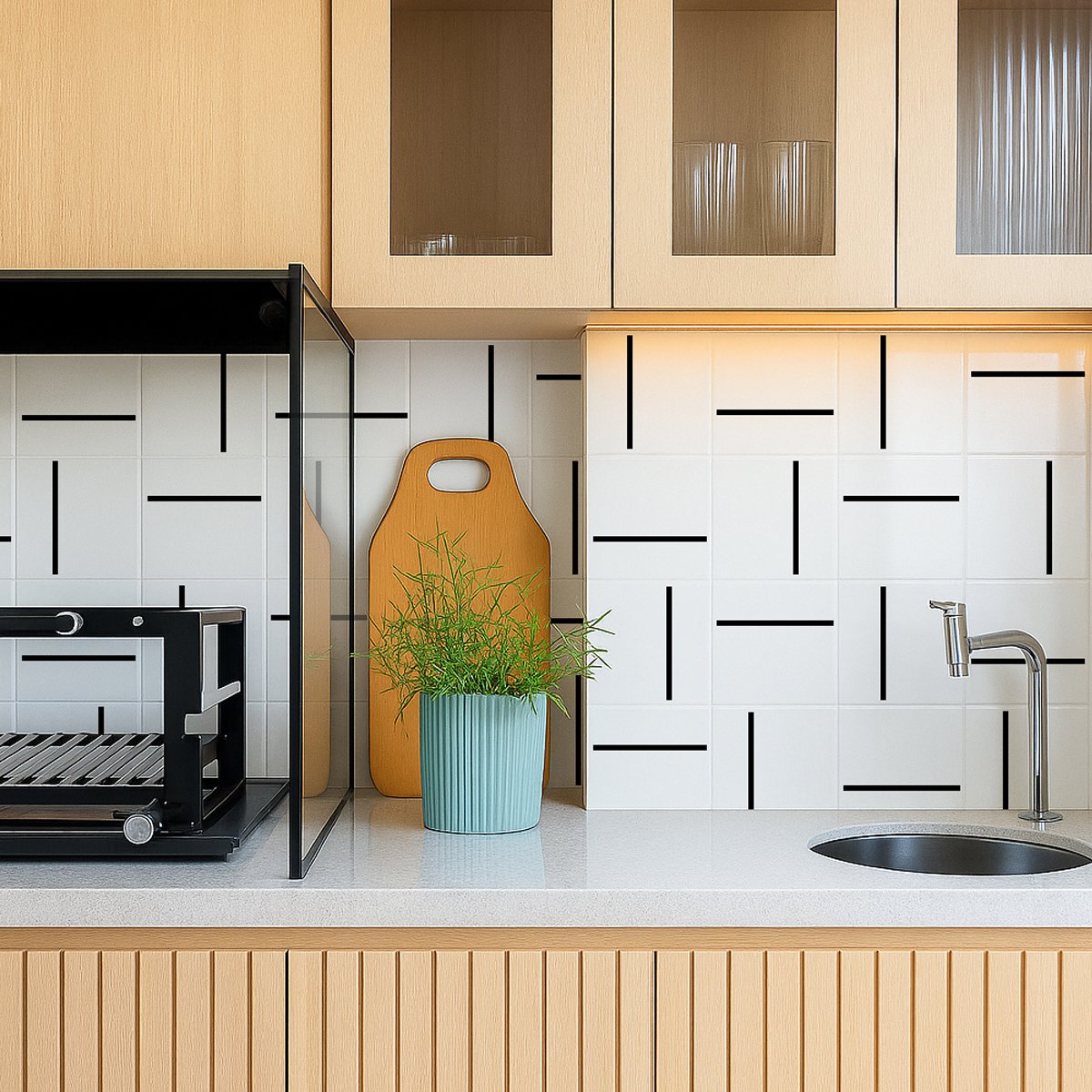 Azulejo Decor Lines Traço Preto em área gourmet — TAI Azulejos