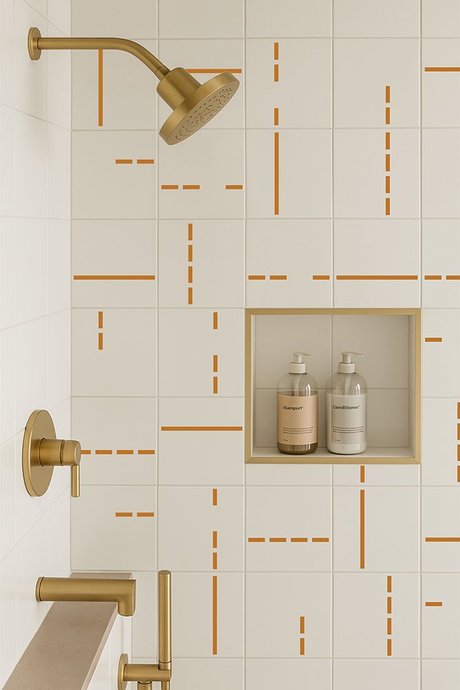 Decor Lines 2 Ocre em banheiro — TAI Azulejos