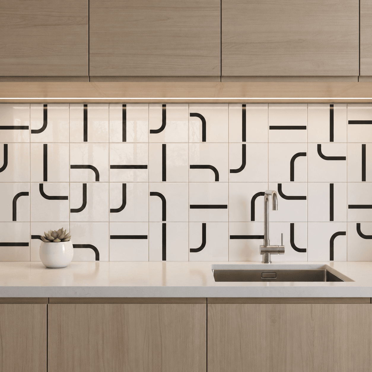 Painel Max Preto em cozinha clean com armários claros — TAI Azulejos