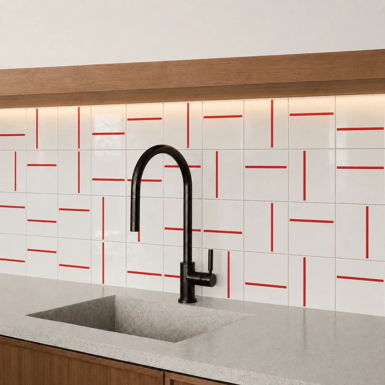 Parede em Decor Lines Vermelho atrás de cuba de pedra
