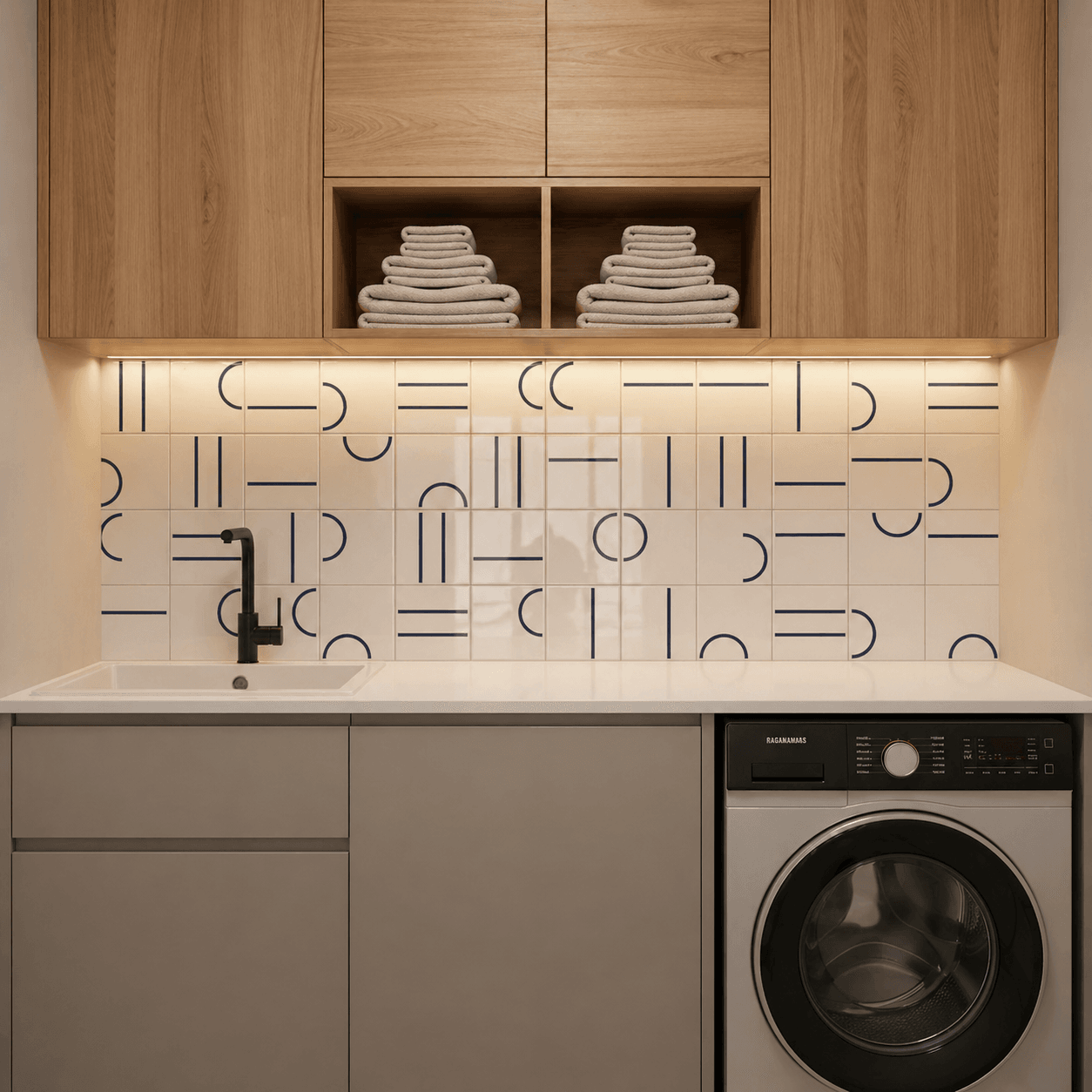 Painel Kimi Azul Escuro aplicado em lavanderia — TAI Azulejos