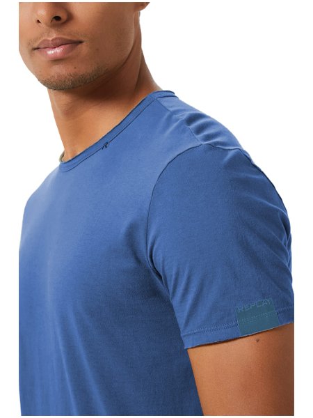 Camiseta Replay Masculina Basic Embroidered Logo Azul Celeste