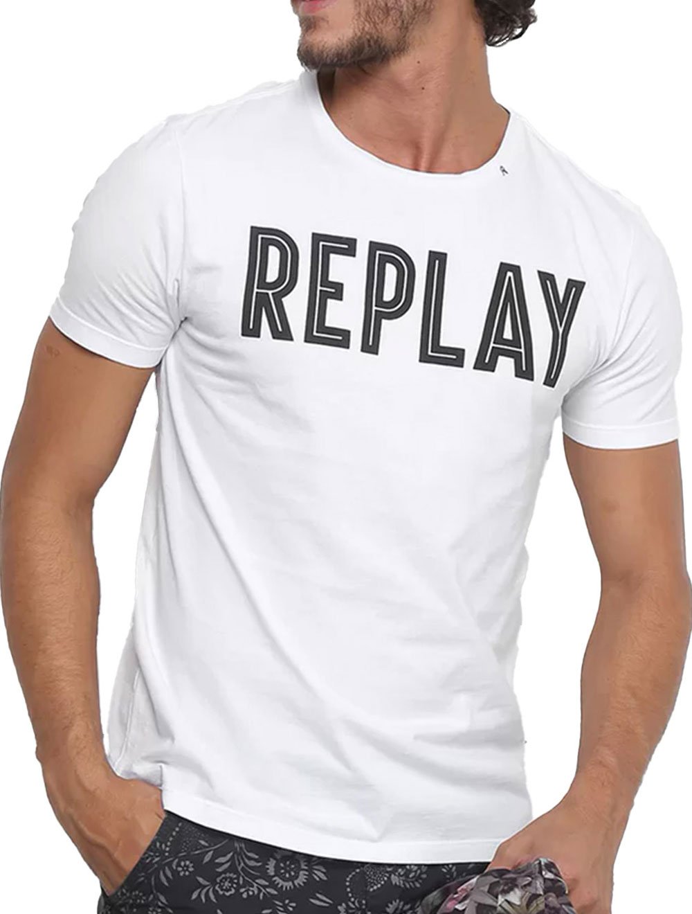 Camiseta Replay Masculina Basic Logo Line Branca