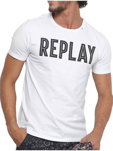 Camiseta Replay Masculina Basic Logo Line Branca