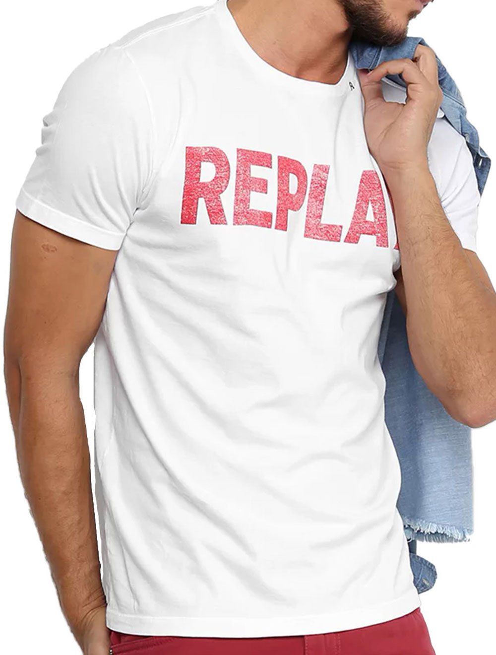 Camiseta Replay Masculina Frontal Stamp Red Logo Branca