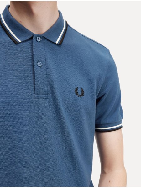 Polo Fred Perry Masculina Piquet Regular Black White Twin Tipped Azul Médio
