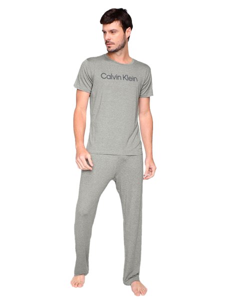 Pijama Calvin Klein Masculino Manga Curta Calça Viscolight Cinza Mescla