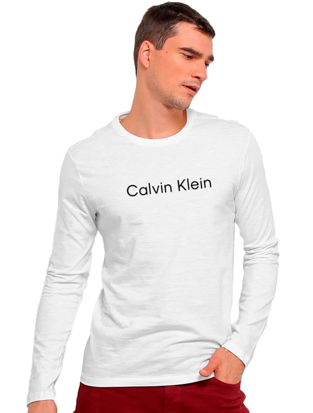 Camiseta Calvin Klein Masculina Manga Longa Institutional Flamê