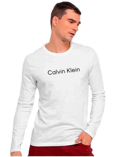 Camiseta Calvin Klein Masculina Manga Longa Institutional Flamê Branca
