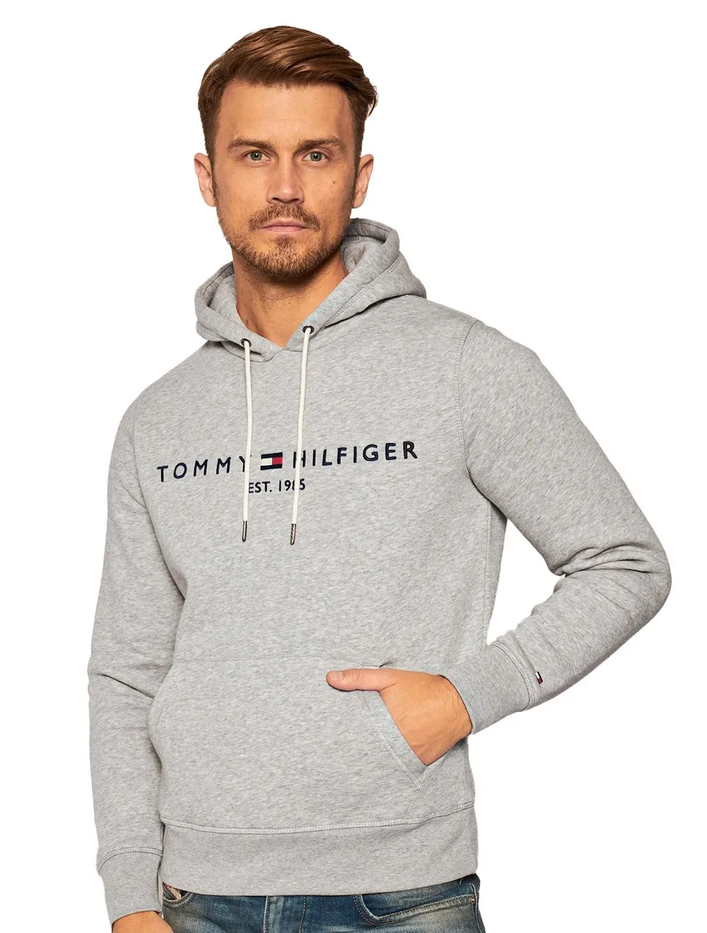 Moletom Tommy Hilfiger Masculino Fleece Hoody Logo Cinza Mescla