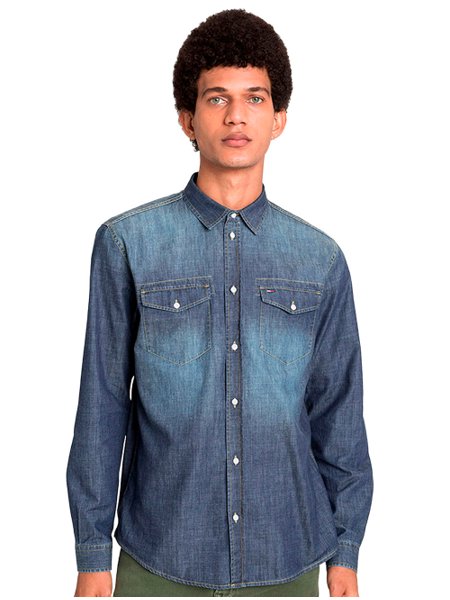 Camisa Tommy Jeans Masculina Western Denim Washed Azul Escuro