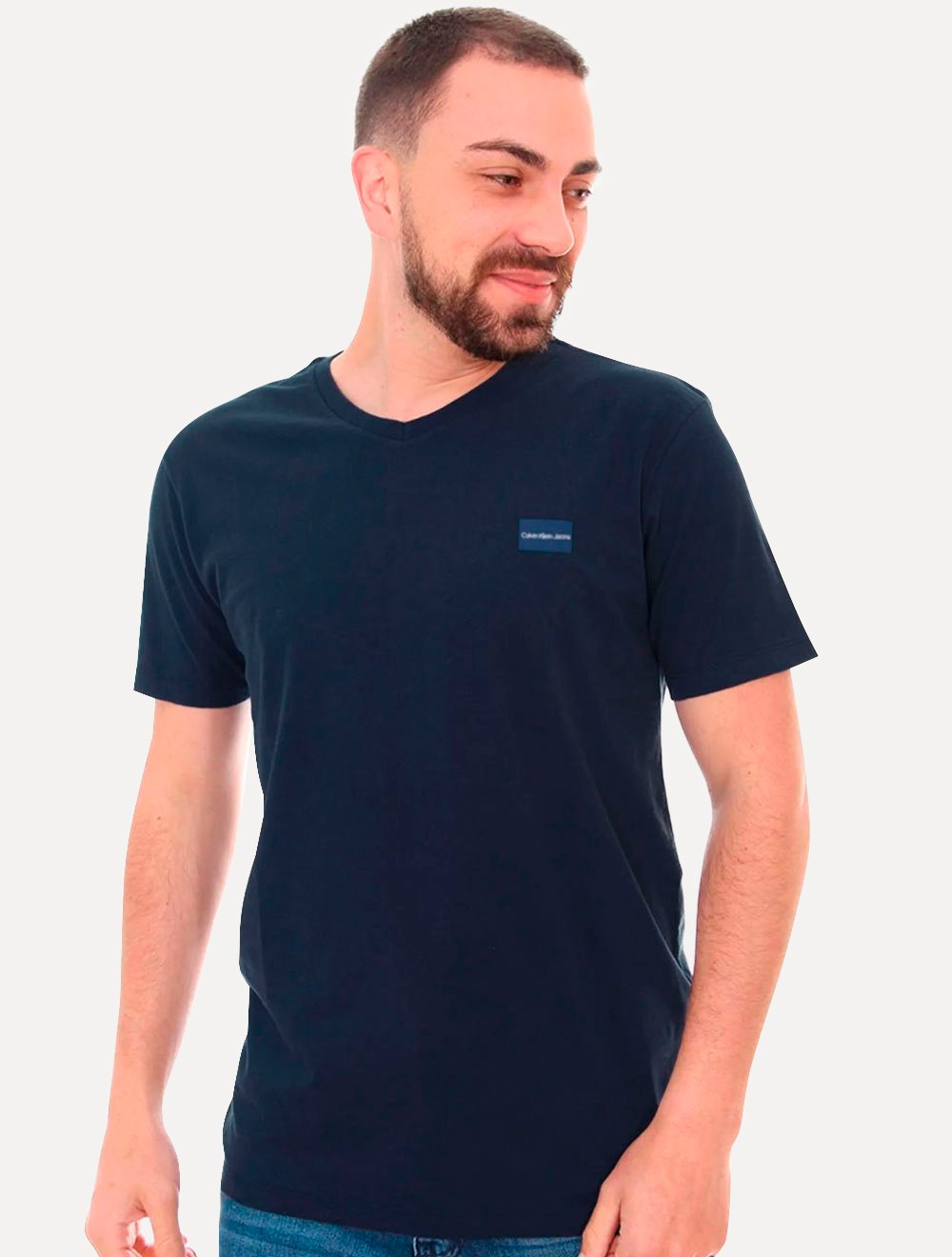 Camiseta Calvin Klein Jeans Masculina Gola V New Logo Blue Square Azul Marinho