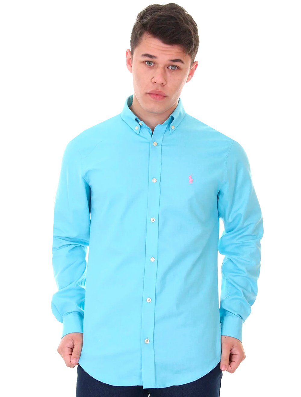 Camisa Ralph Lauren Masculina Oxford Pink Logo Azul-Capri