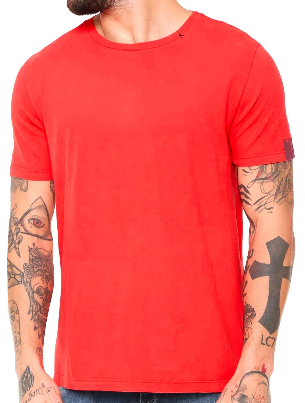 Camiseta Replay Masculina Basic Crewneck Logo Vermelho Coral
