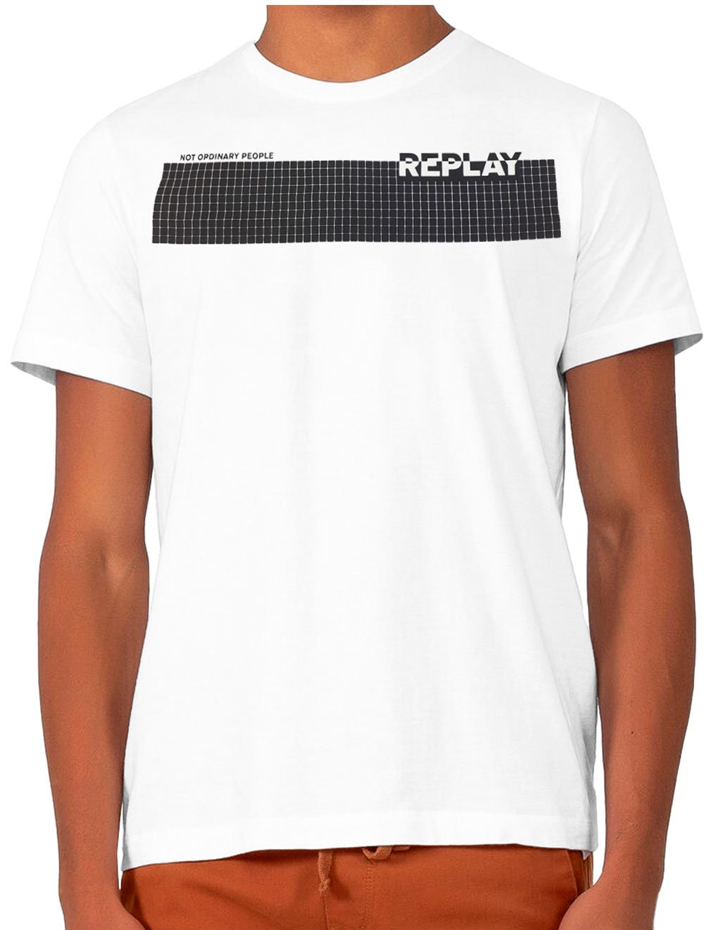 Camiseta Replay Masculina C-Neck Quadrato Brand Branca