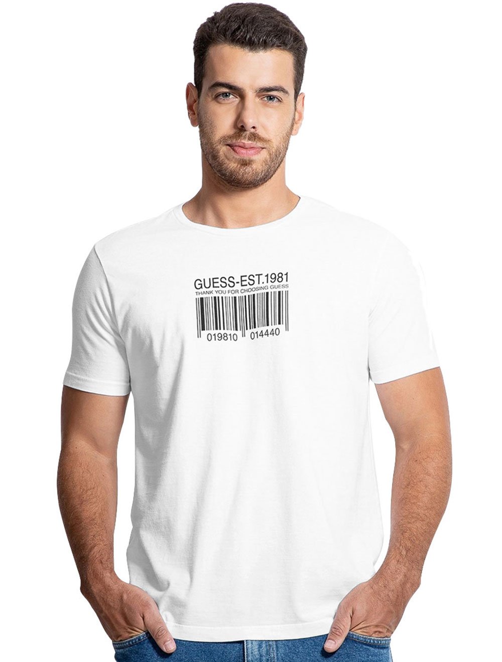 Camiseta Guess Masculina Barcode Est.1981 Silk Branca | Secret Outlet