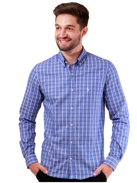 Camisa Ralph Lauren Masculina Custom Xadrez Double Lines Plaid Azul |  Secret Outlet