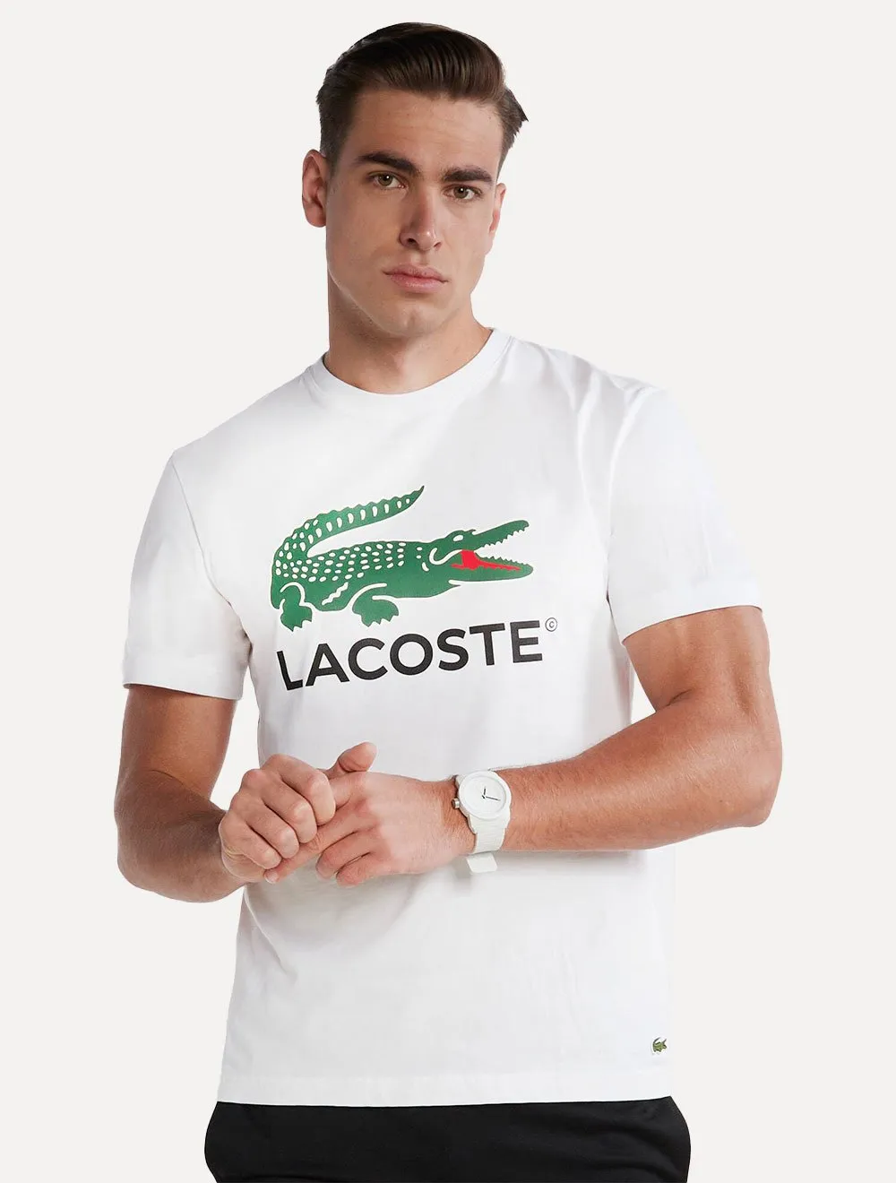 Camiseta Lacoste Masculina Jersey Croco Signature Logo Branca