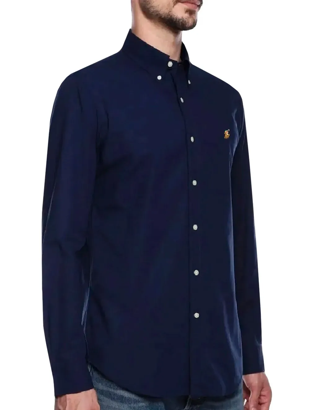Camisa Ralph Lauren Masculina Custom Fit Coloured Logo Azul Marinho