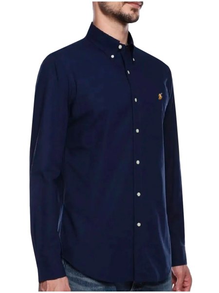 Camisa Ralph Lauren Masculina Custom Fit Coloured Logo Azul Marinho