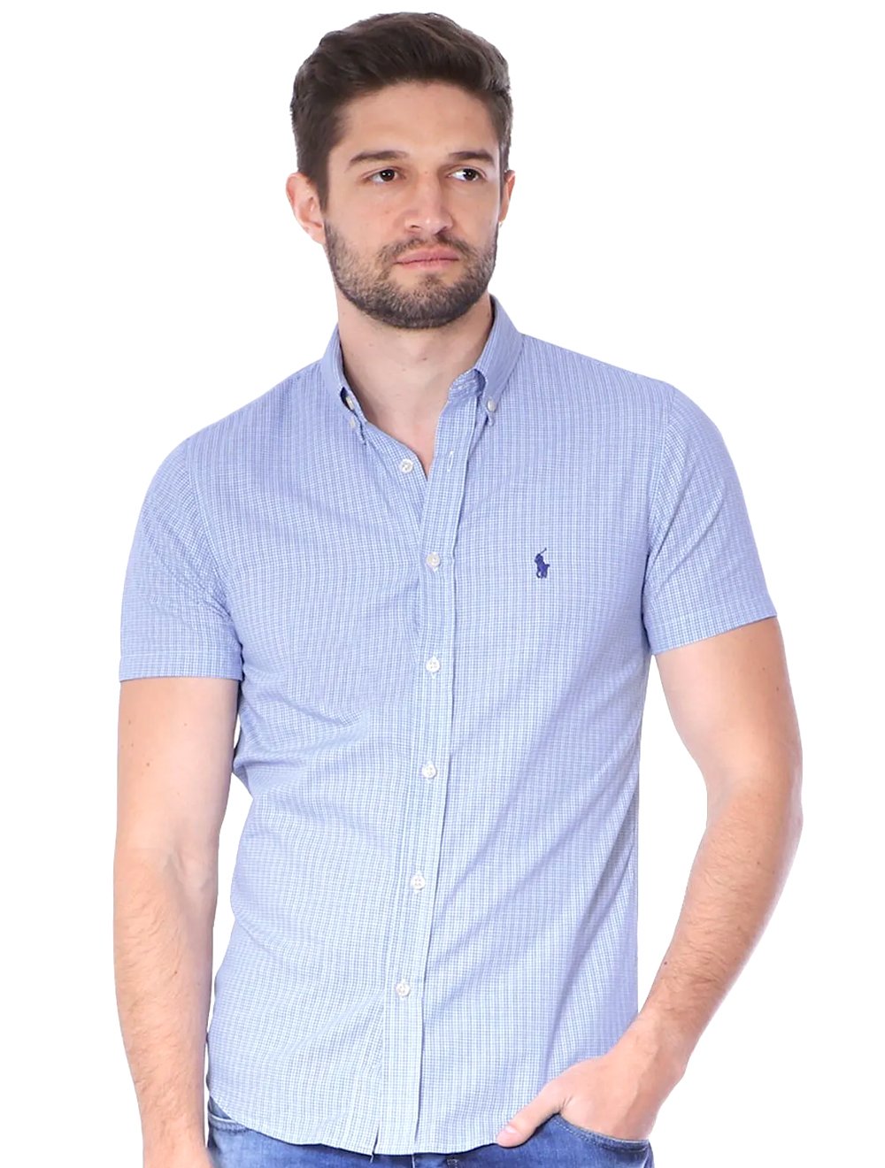 Camisa xadrez de algodão stretch com mangas curtas (Azul-marinho) - Homens