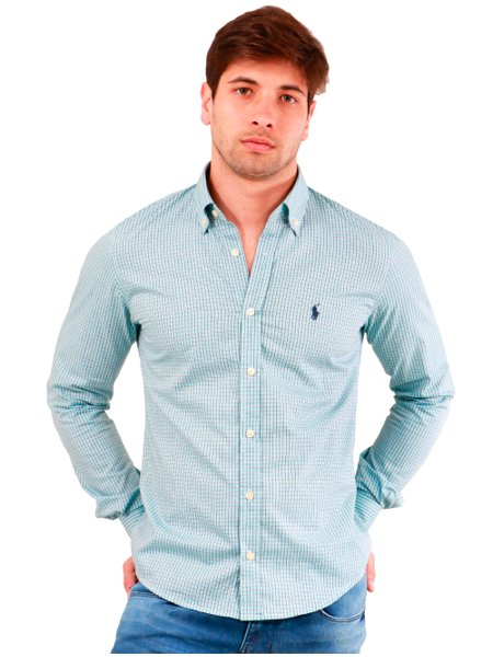 Camisa Ralph Lauren Custom Fit Microgrid Bramptom Azul Claro