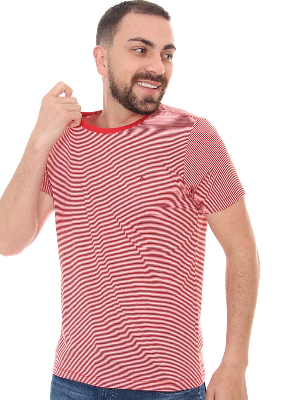 Camiseta Aramis Masculina Meia Malha Listrada Vermelha