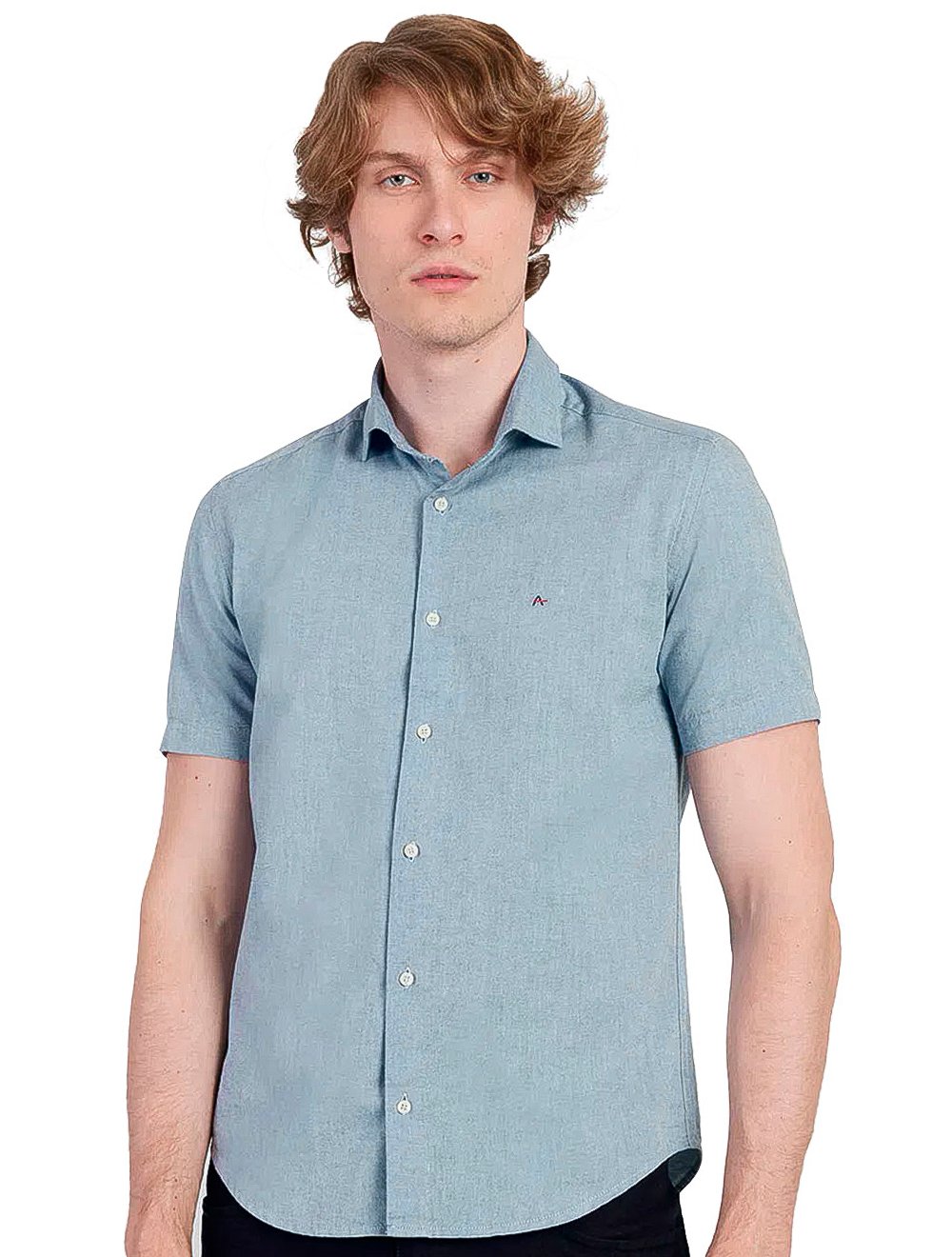 Camisa Aramis Masculina Slim Manga Curta Oxford Azul Médio Mescla