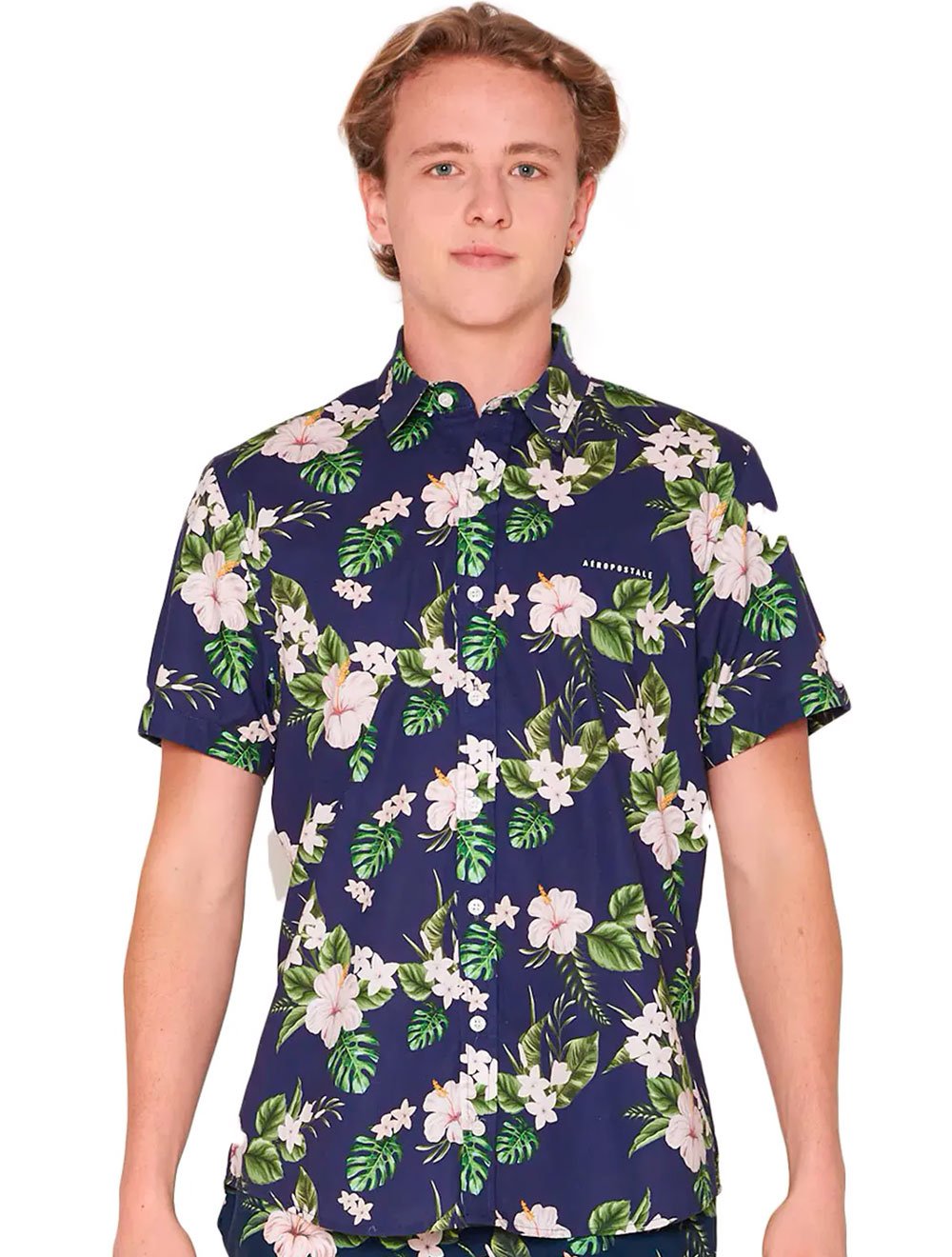 Camisa Aeropostale Manga Curta Masculina Floral Azul