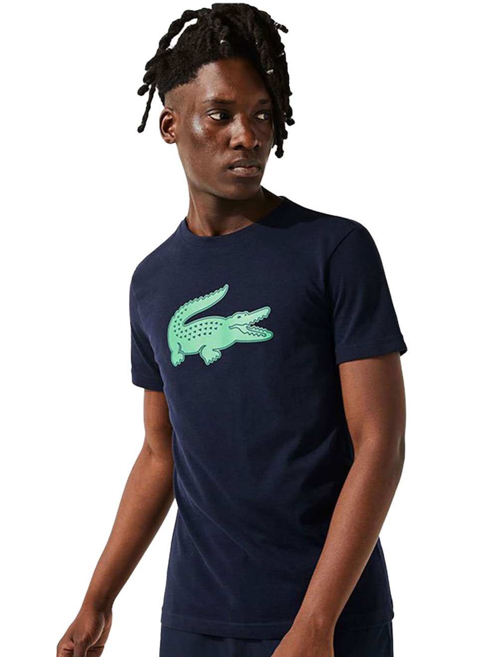 Camiseta Lacoste Masculina Jersey Sport 3D Green Logo Azul Marinho