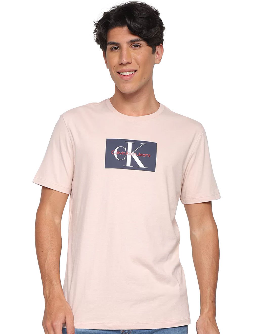 Camiseta Calvin Klein Jeans Masculina Issue Logo Navy Block Rosa Claro