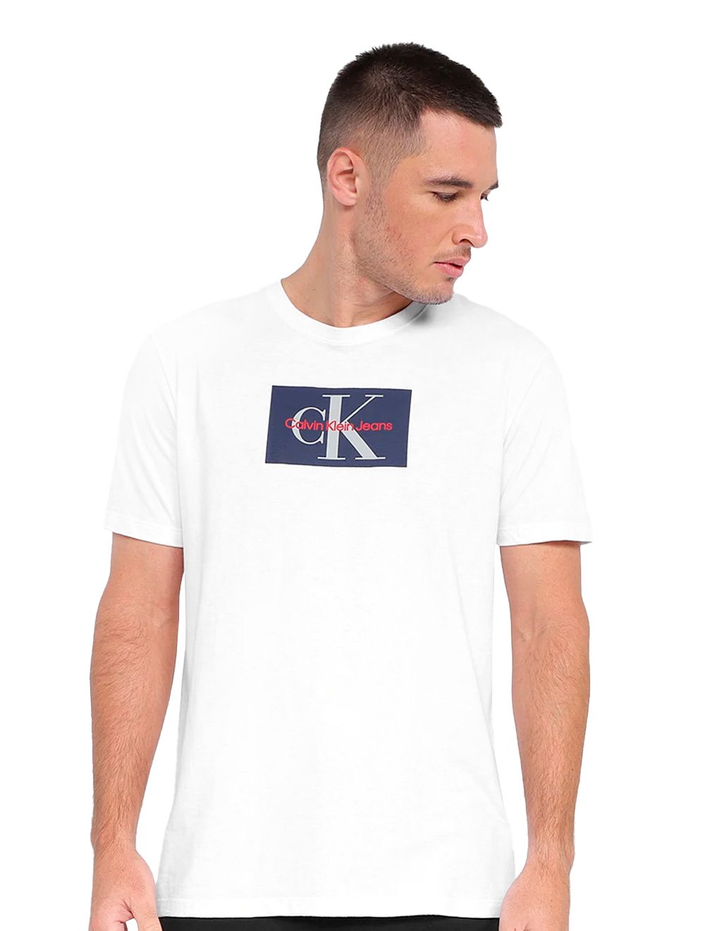 Camiseta Calvin Klein Masculina Issue Logo Navy Block Branca